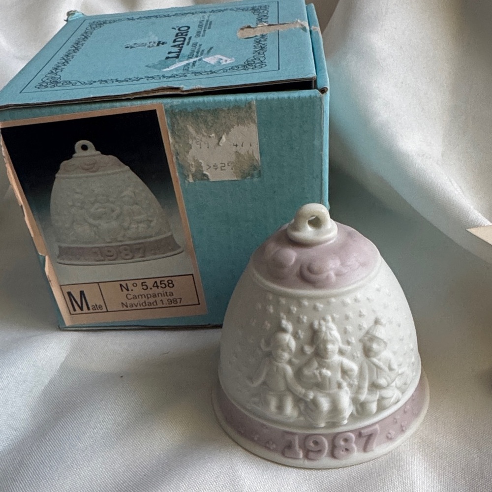Lladro Porcelain 1987 Christmas Bell Ornament with Lavender Accents